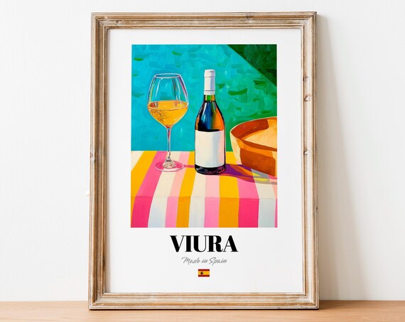 Viura Spanish White Wine Bottle Colorful Still Life Painting Poster