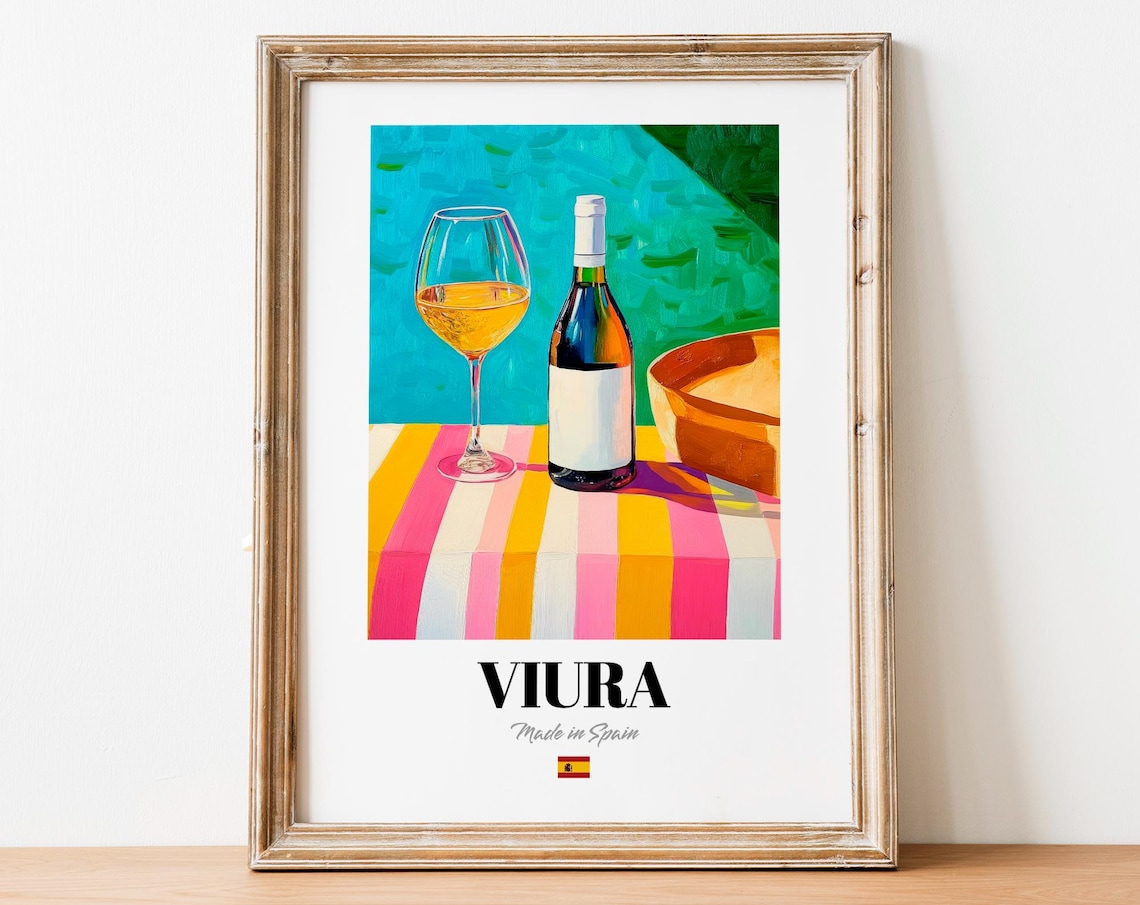 Viura Spanish White Wine Bottle Colorful Still Life Painting Poster