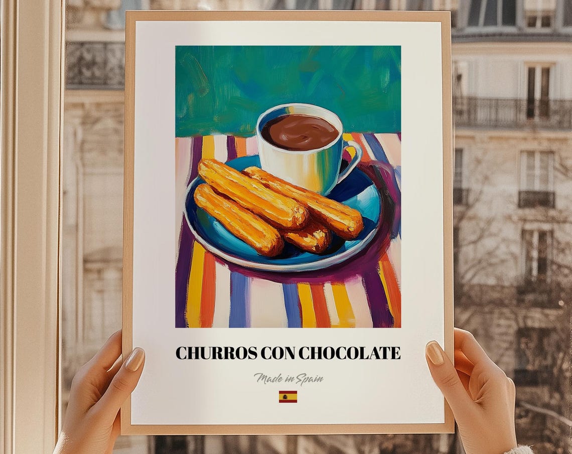 Churros Con Chocolate Spanish Dessert Print Watercolor Menu 60th Birthday Gifts Baking Recipes Dining Room Poster