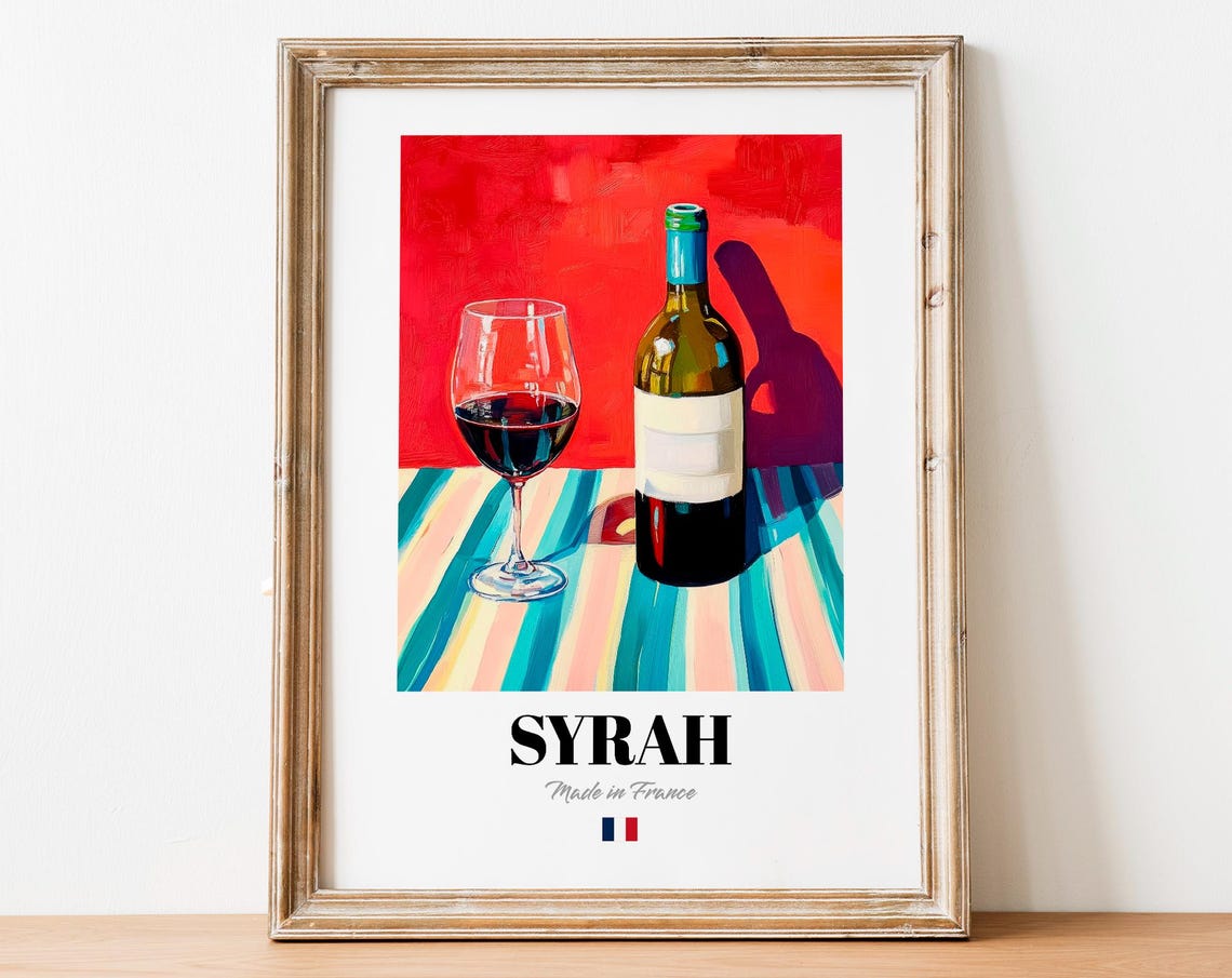 Syrah Wine Bottle and Glass Against a Bold Red Background Poster