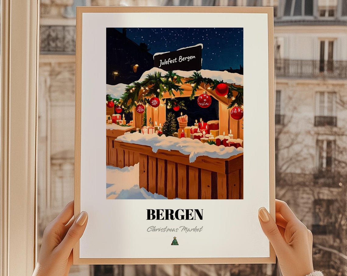 Bergen Norway Christmas Market Wall Art Print Poster Julegave Julefest