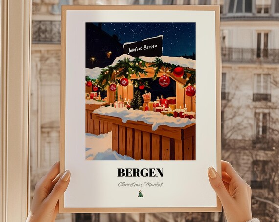 Bergen Norway Christmas Market Wall Art Print Poster Julegave Julefest