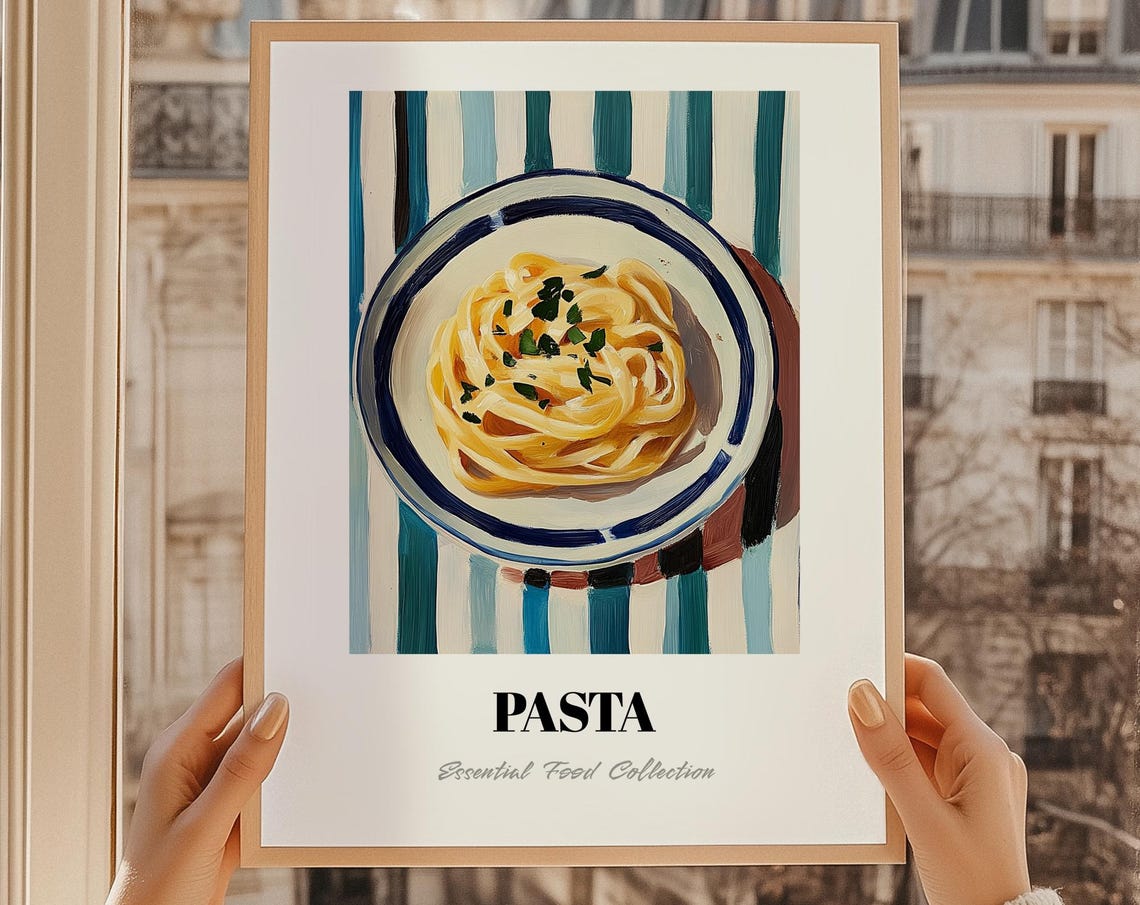 Fettuccine Pasta Bowl Painting Teal Striped Kitchen Food Art Poster