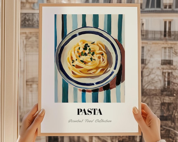 Fettuccine Pasta Bowl Painting Teal Striped Kitchen Food Art Poster