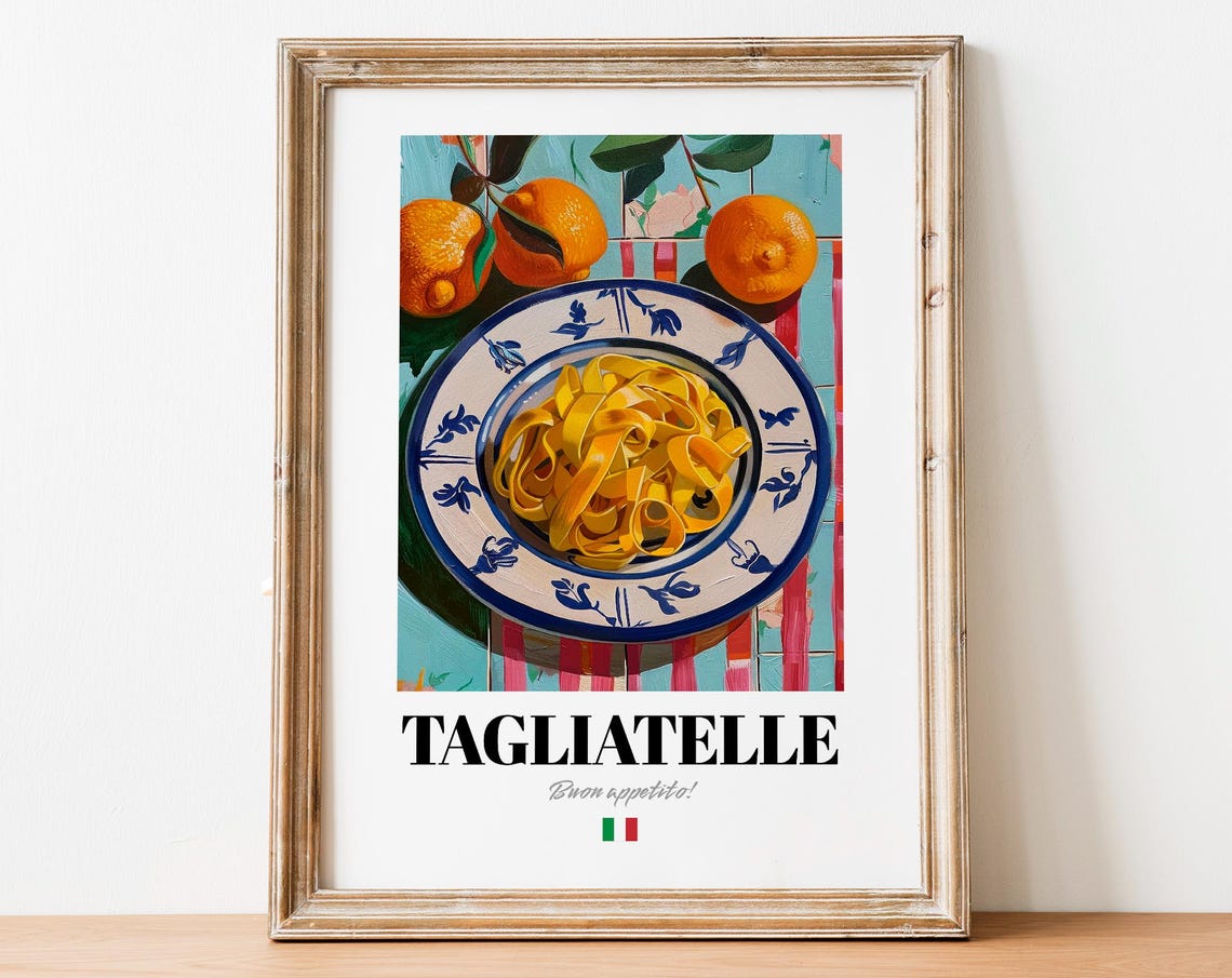 Tagliatelle Italian Ribbon Pasta Oranges Folk Art Kitchen Poster