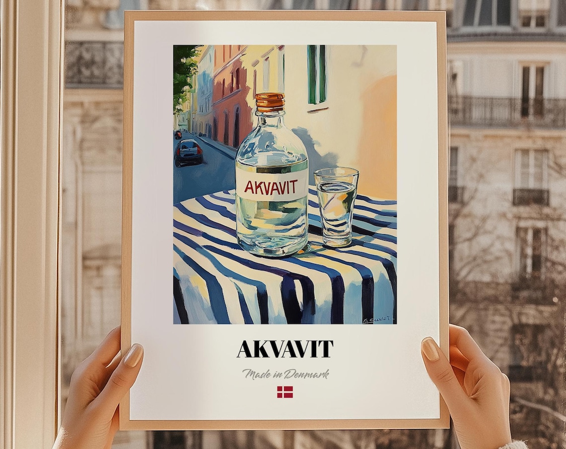 Akvavit Danish Spirit Bottle Shot Glass Painted Street Cafe Poster