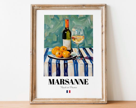 Marsanne French Wine Bottle Glass Apricots Striped Art Poster