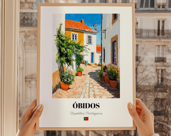 Obidos Portugal Cobblestone Alley Oil Painting Style Travel Poster