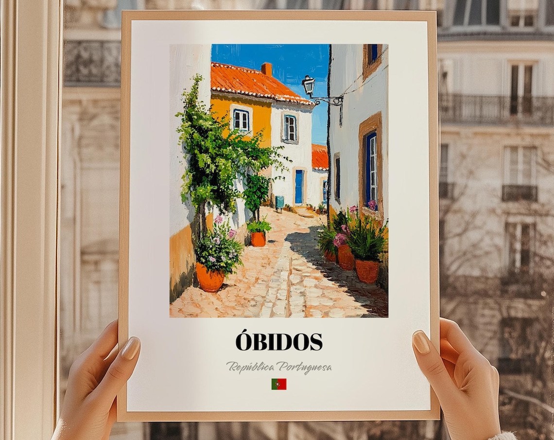 Obidos Portugal Cobblestone Alley Oil Painting Style Travel Poster
