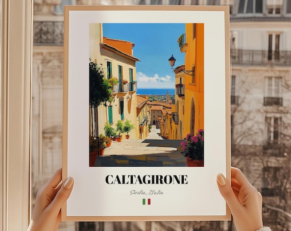 Caltagirone Sicily Italy Baroque Street Sea View Travel Poster