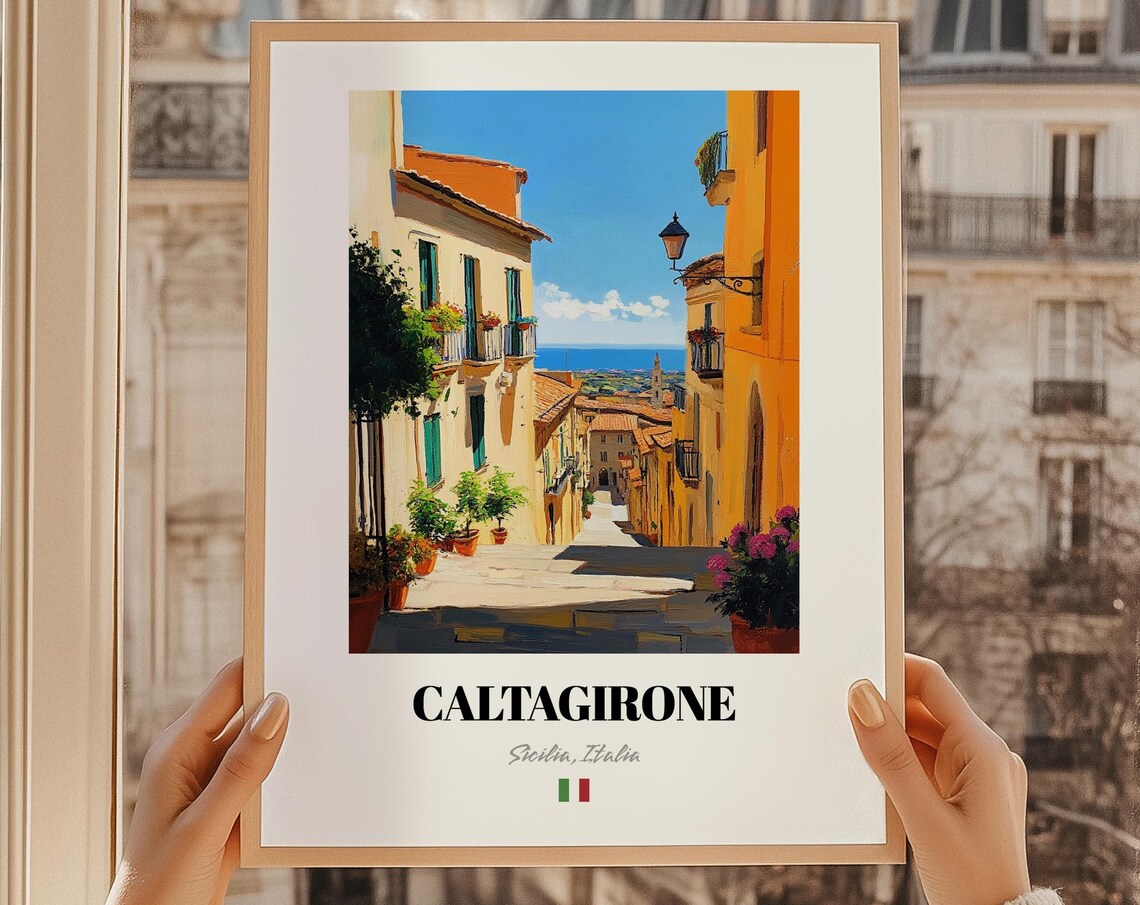 Caltagirone Sicily Italy Baroque Street Sea View Travel Poster