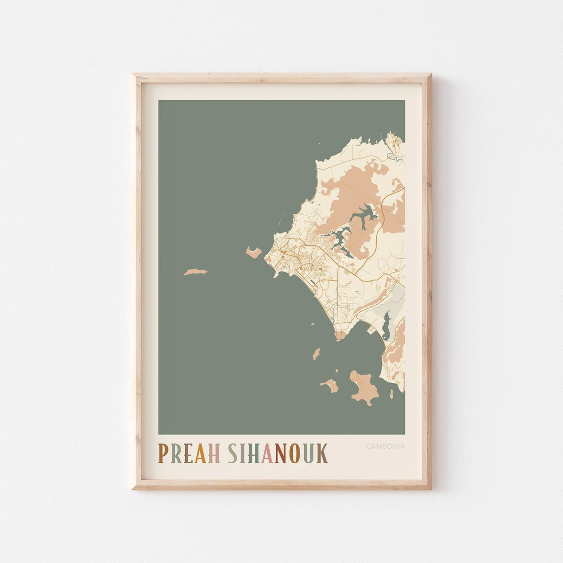 Preah Sihanouk City Map Cambodia Boho Coastal Travel Poster Art