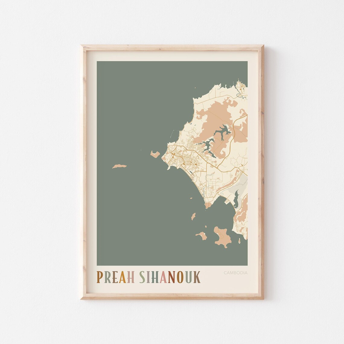 Preah Sihanouk Map Poster Print Wall Art Cambodia Travel Gift Boho