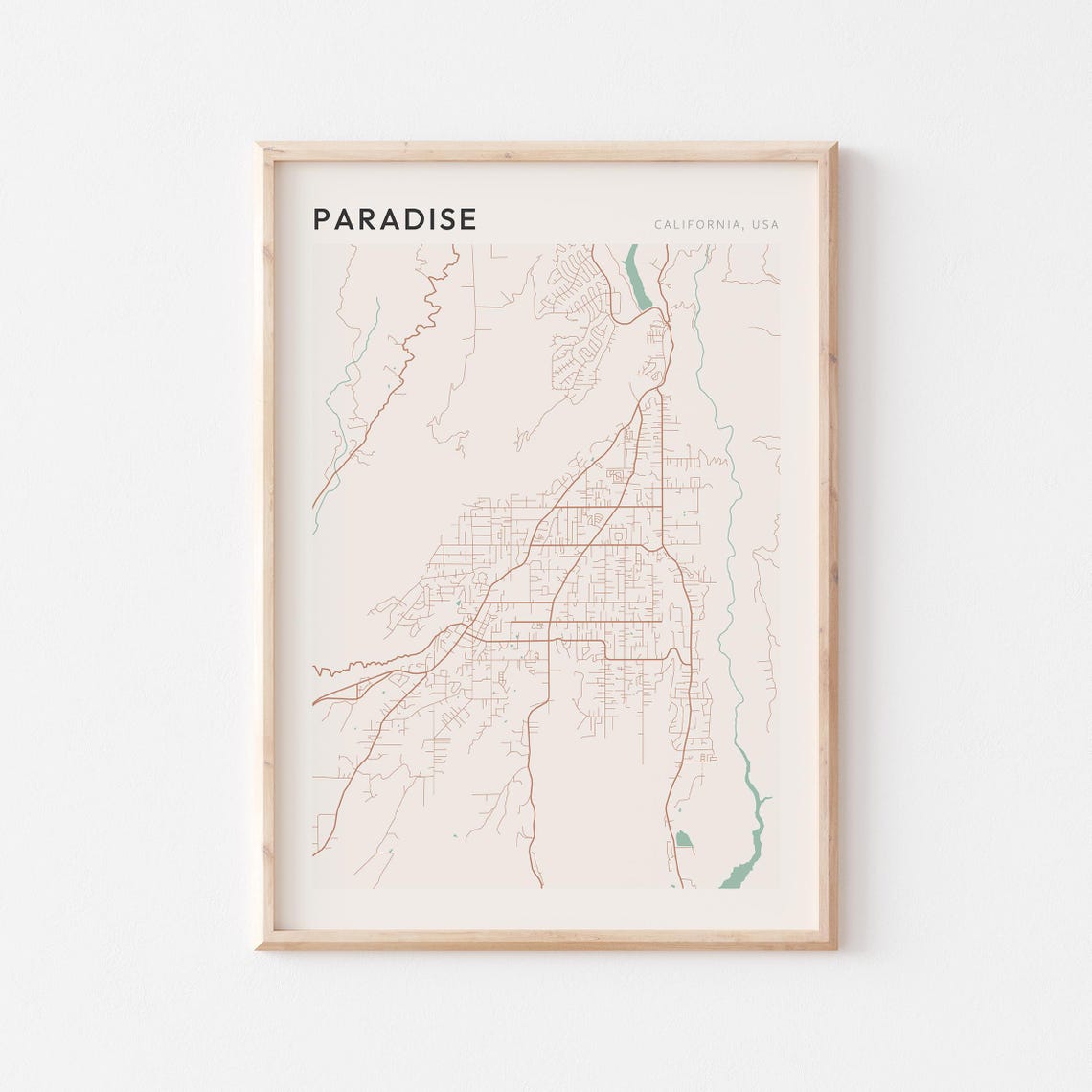 Paradise California Minimalist Street Map Poster in Blush and Sage