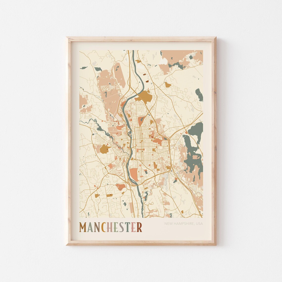 Manchester New Hampshire Boho City Street Map Travel Gift Poster