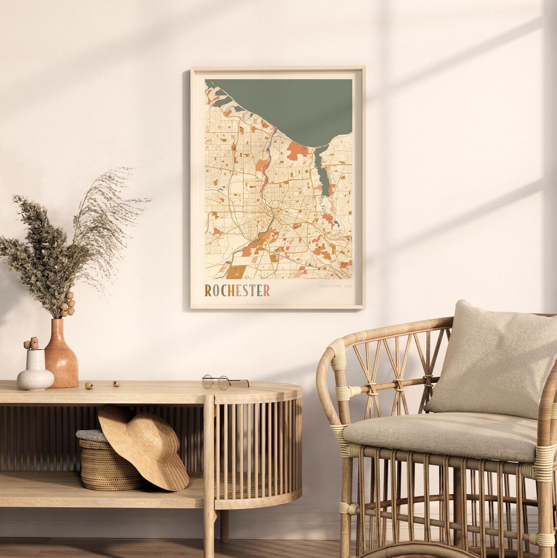 Rochester New York USA Warm Vintage Beige City Street Map Art Poster - Image 2
