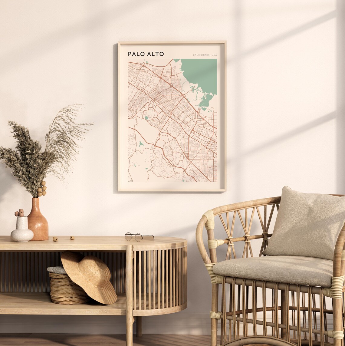 Palo Alto California Minimalist Street Map Poster in Blush and Sage - Image 2