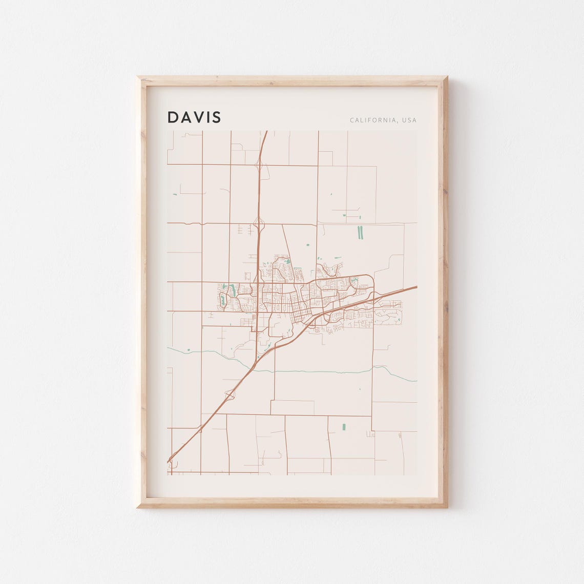 Davis California Minimalist Street Map Poster in Blush and Sage