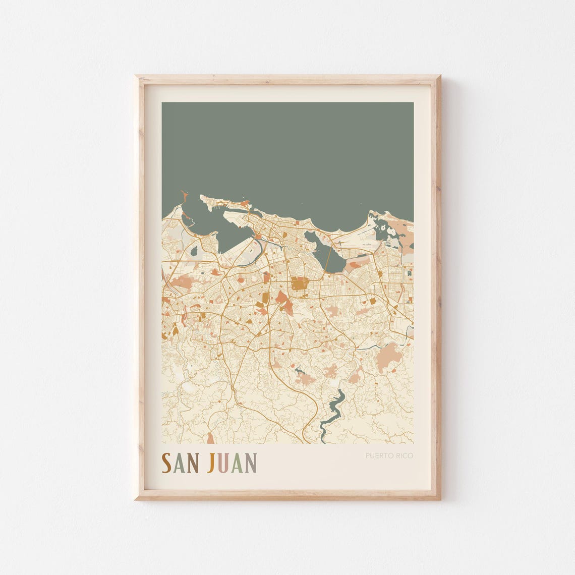 San Juan Puerto Rico Map Warm Gold Boho Travel Decor Art Poster