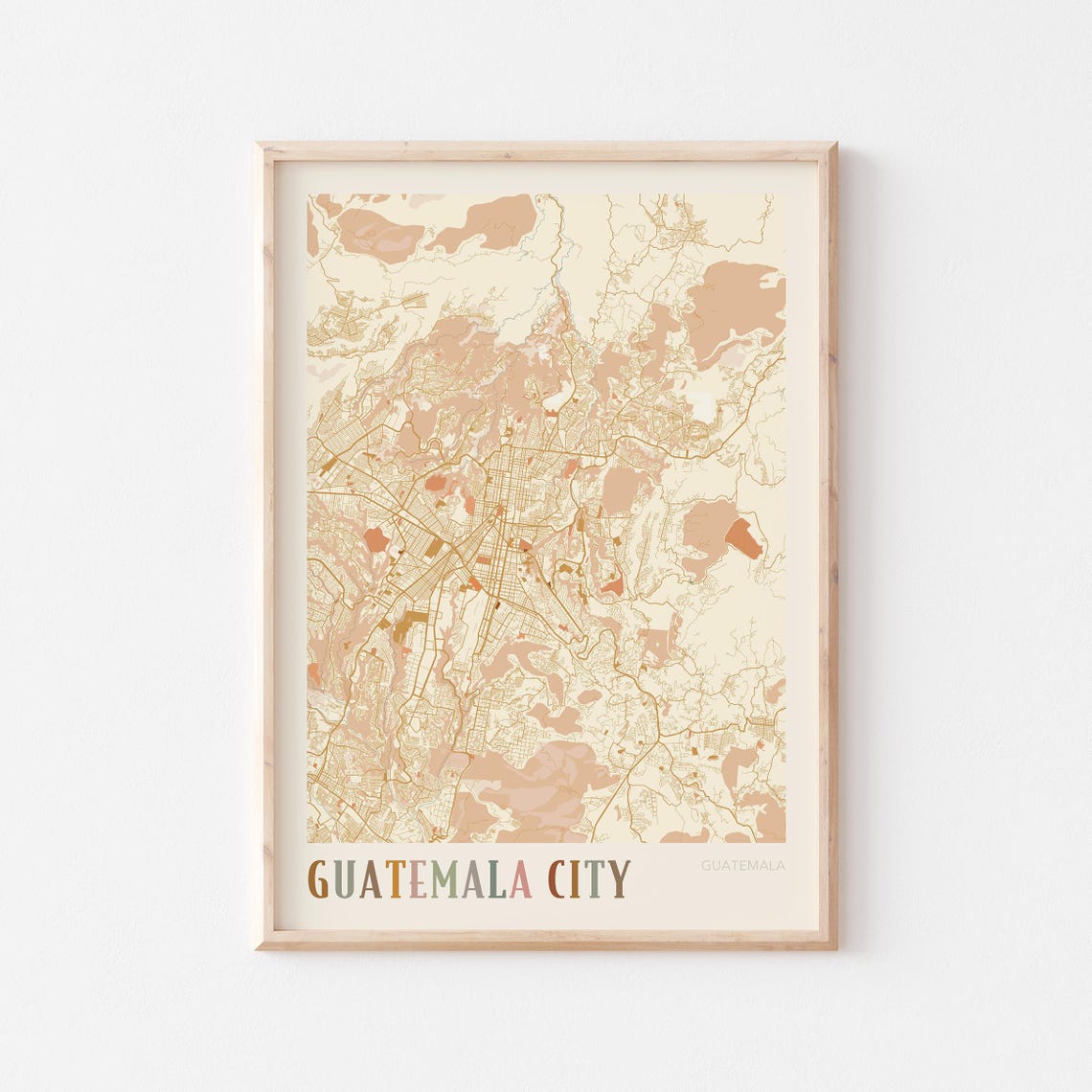 Guatemala City Guatemala Boho Map Poster in Warm Peach and Terracotta