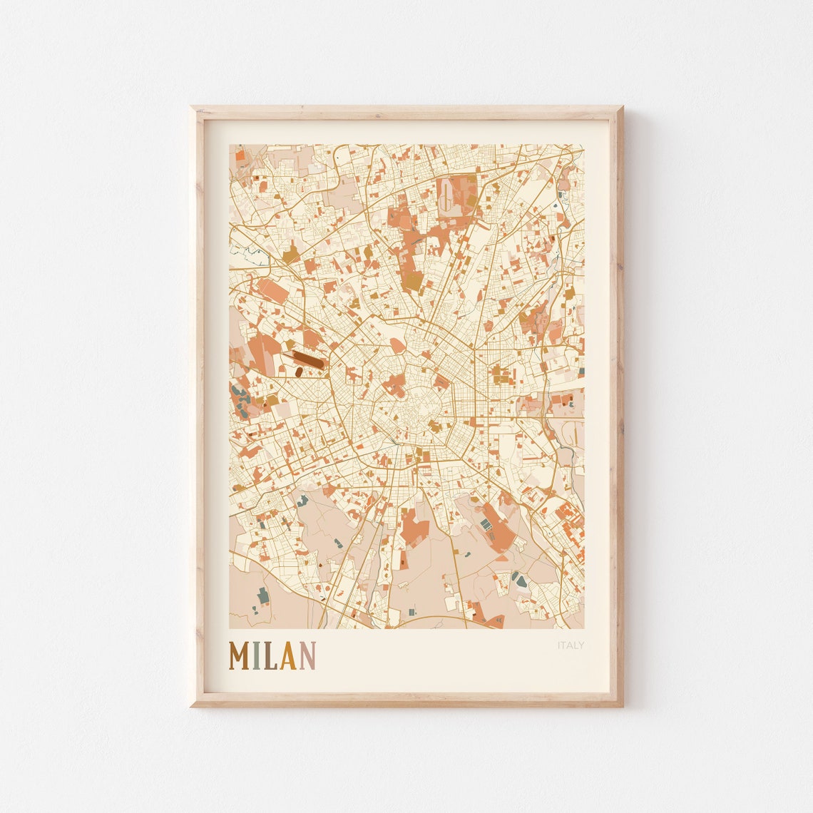 Milan Italy Minimalist Street Map Poster in Boho Neutral Tones