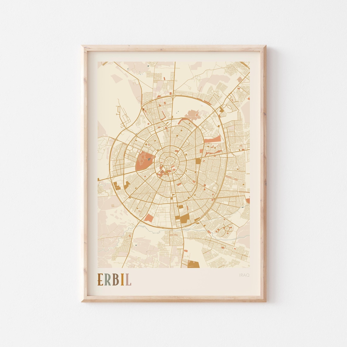 Erbil Iraq City Street Map Beige Warm Minimalist Travel Decor Poster