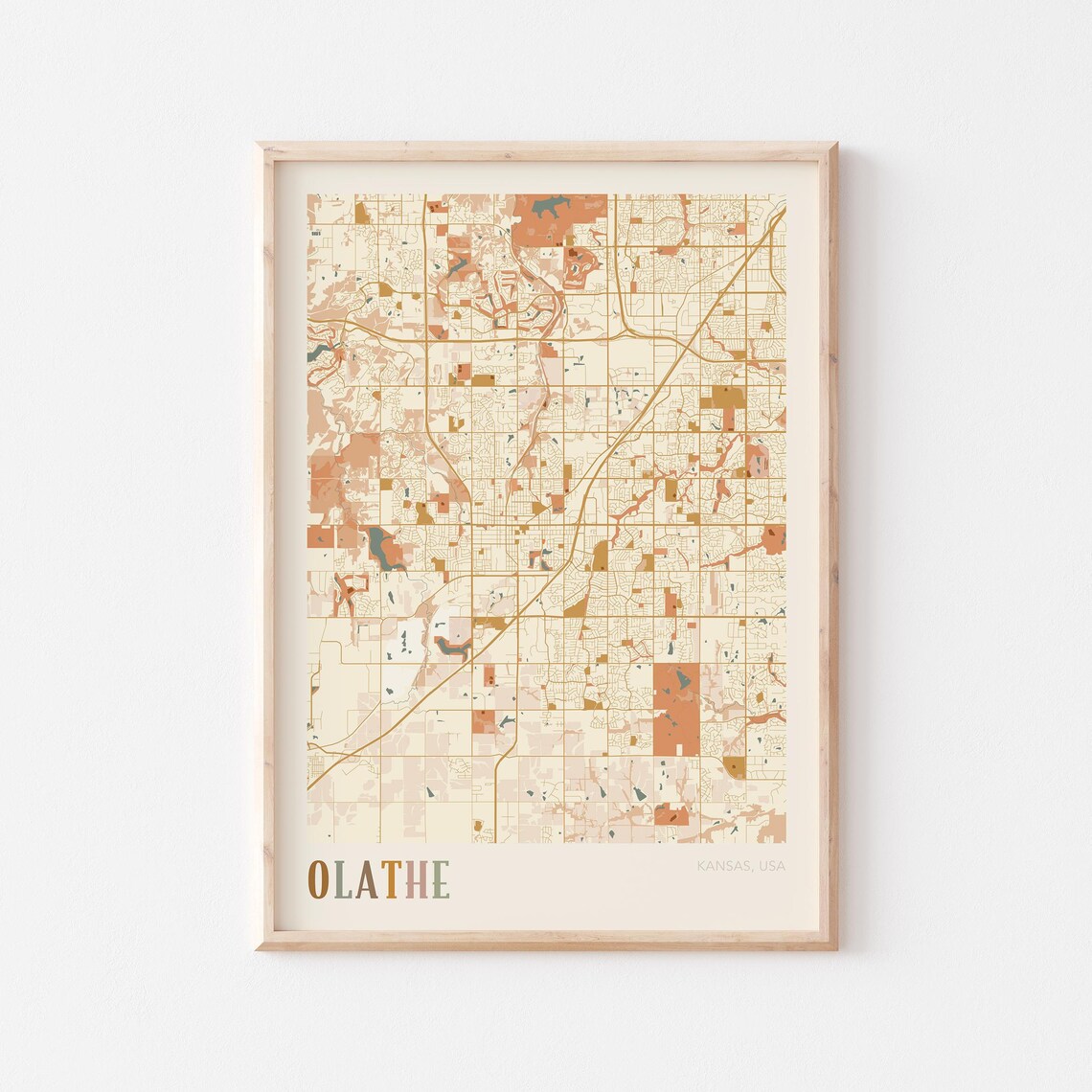 Olathe Kansas City Map Poster Earth Tone Boho Minimalist Map Wall Decor Gift