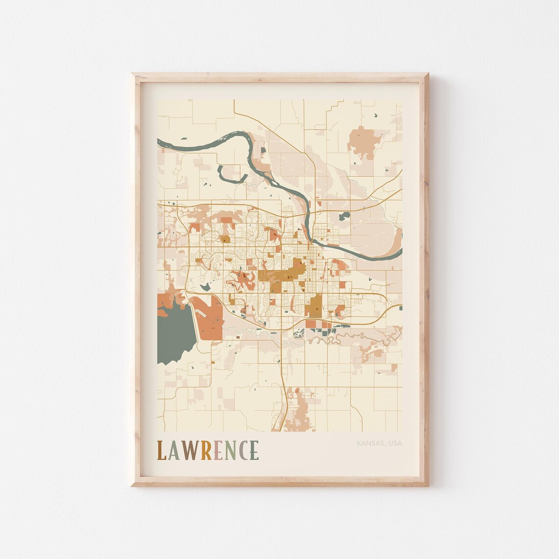 Lawrence Kansas City Map Poster Earth Tone Boho Minimalist Map Wall Decor Gift