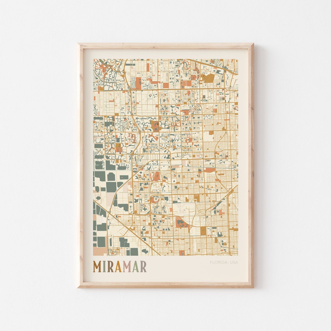 Miramar Florida City Map Poster Warm Retro Street Map Home Decor
