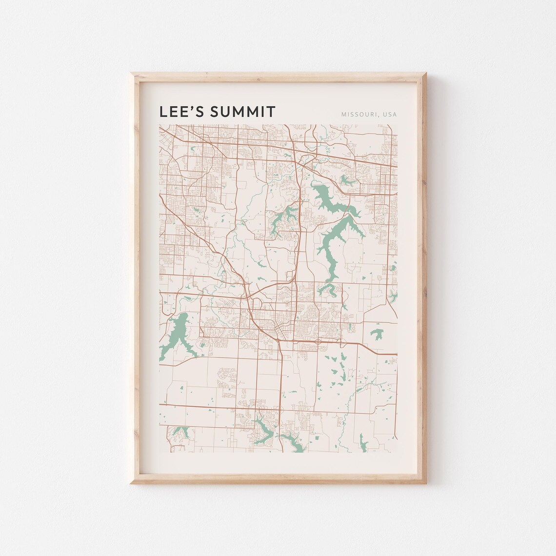 Lee's Summit Missouri Street Map Poster in Warm Brown Sage and Cream Tones