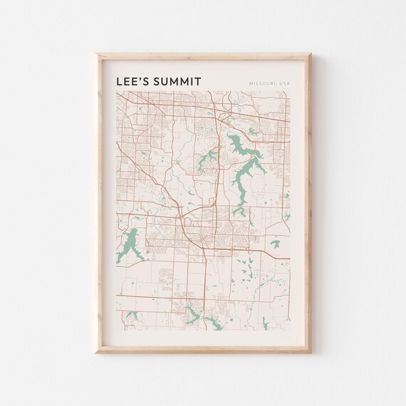 Lee's Summit Missouri Street Map Poster in Warm Brown Sage and Cream Tones