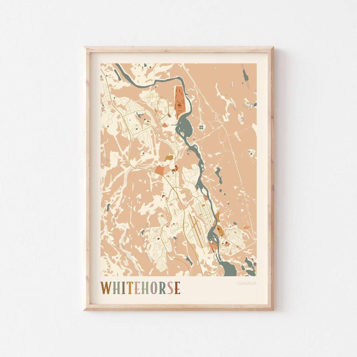 Whitehorse Canada Retro City Map Poster with Yukon River Valley