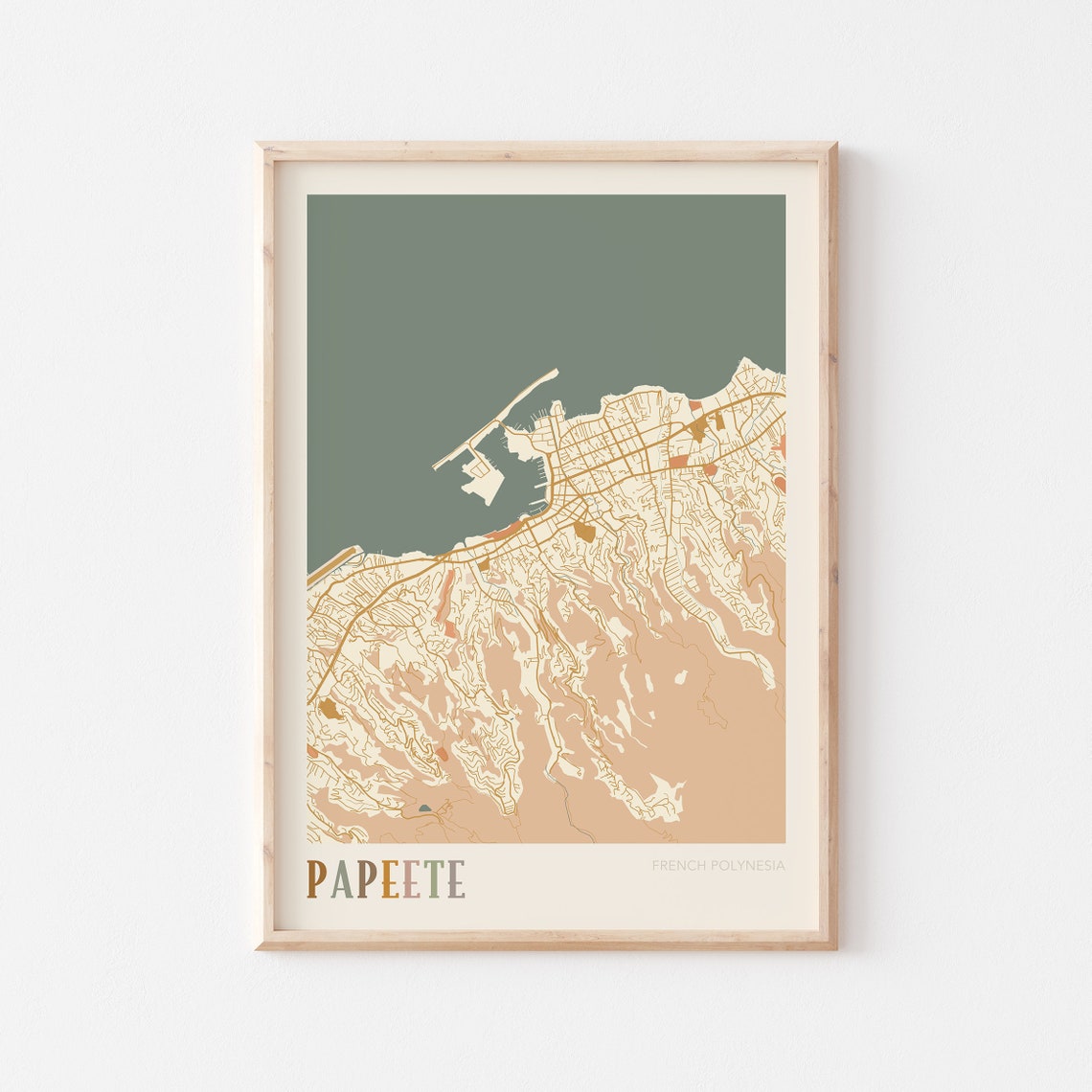 Papeete French Polynesia Retro Map Poster Tahiti Harbour Artwork