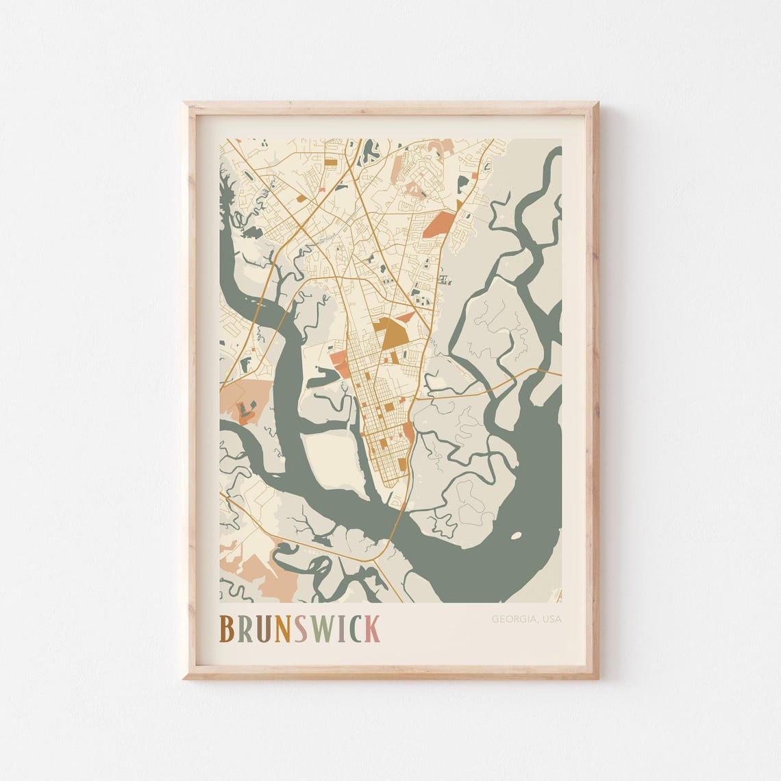 Brunswick Georgia Colorful Modern Boho City Street Map Decor Poster