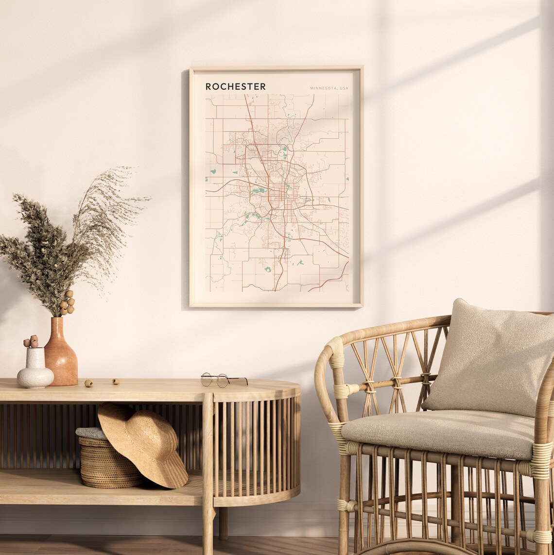 Rochester Minnesota Minimalist Copper Line Art Street Map Poster - Image 2