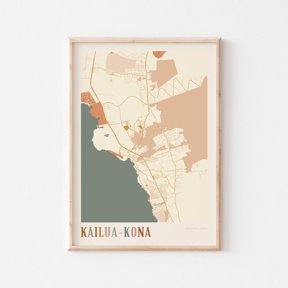 Kailua-Kona Hawaii Colorful Retro Coastal City Map Poster Boho Wall Decor
