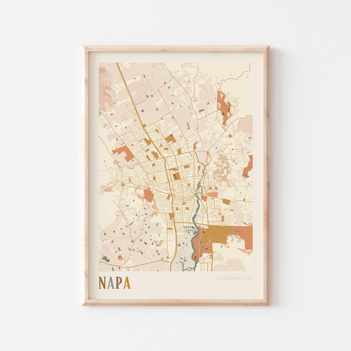 Napa California Warm Earth Tone City Street Map Art Decor Poster