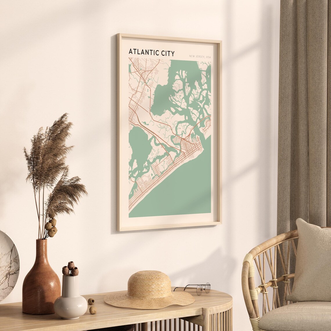 Atlantic City New Jersey Street Map Poster in Warm Brown Sage and Cream Tones - Image 3