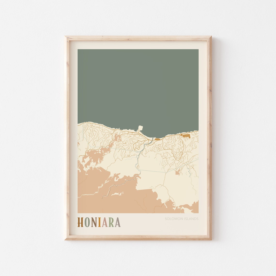 Honiara Solomon Islands Retro City Map Poster Pacific Coastline