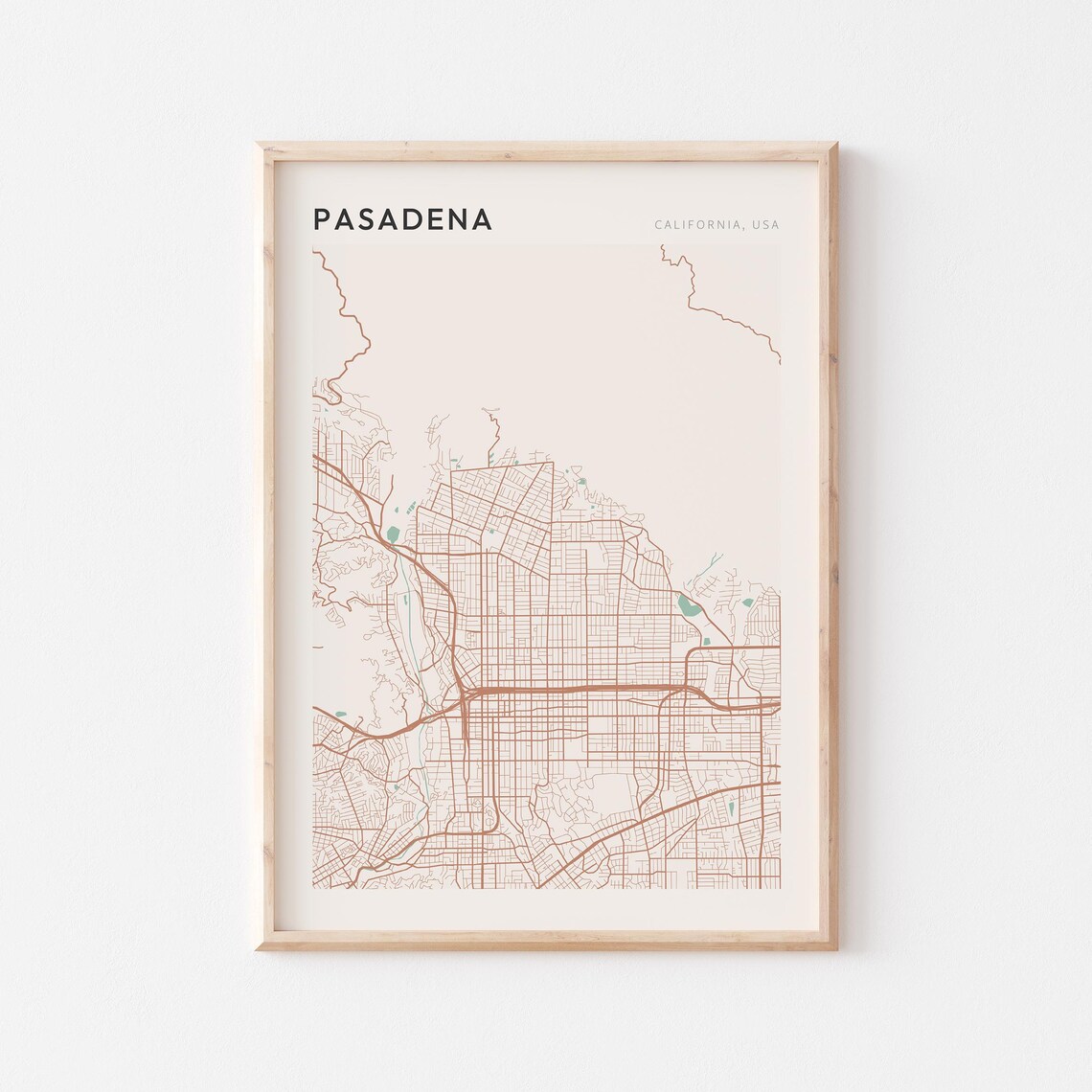 Pasadena California Minimalist Street Map Poster in Blush and Sage