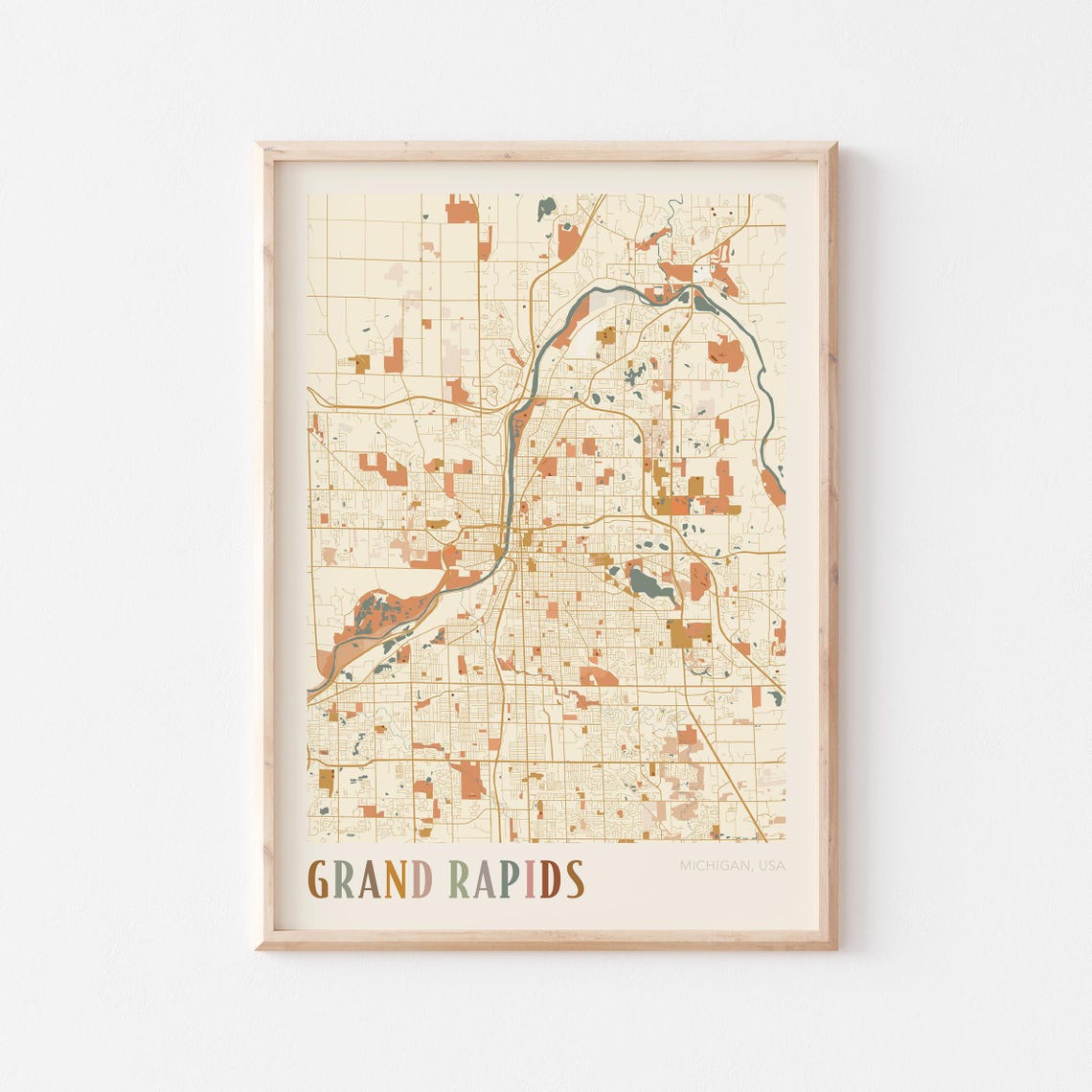 Grand Rapids Michigan USA Earthy Retro Minimalist City Map Poster