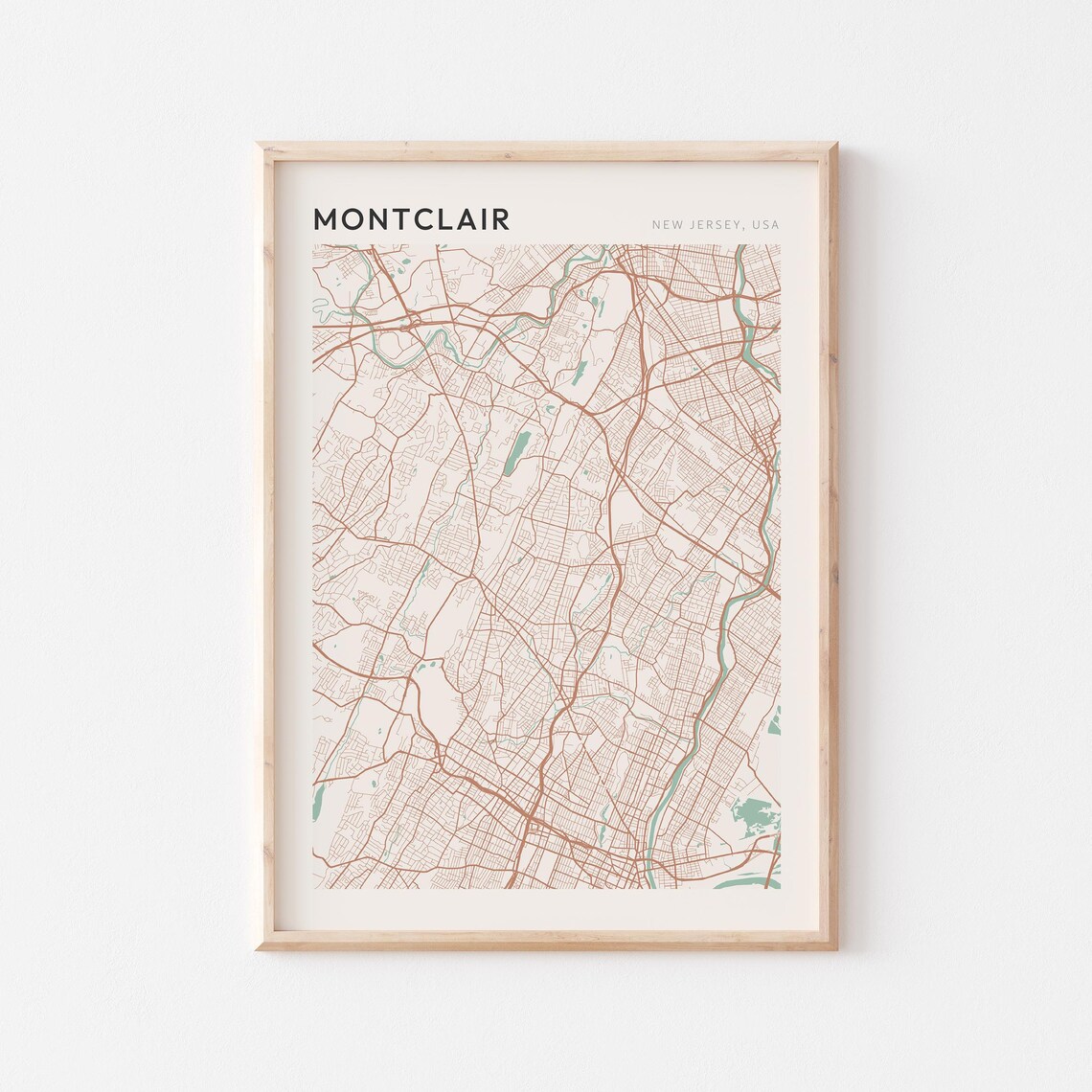 Montclair New Jersey Street Map Poster in Warm Brown Sage and Cream Tones