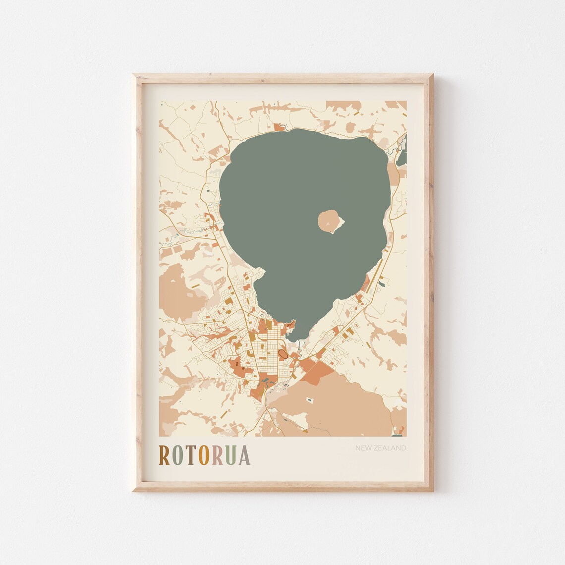 Rotorua New Zealand Boho Style Scenic Lakeside City Map Poster