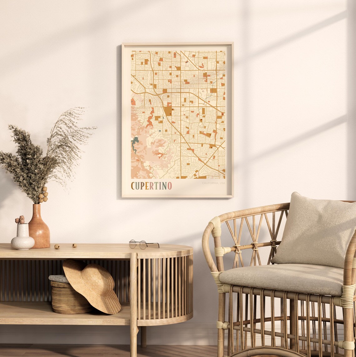 Cupertino California Warm Tones City Map Poster for Living Room Decor - Image 2