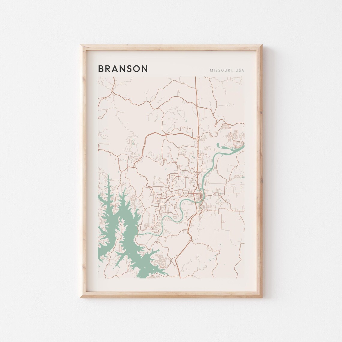 Branson Missouri Street Map Poster in Warm Brown Sage and Cream Tones