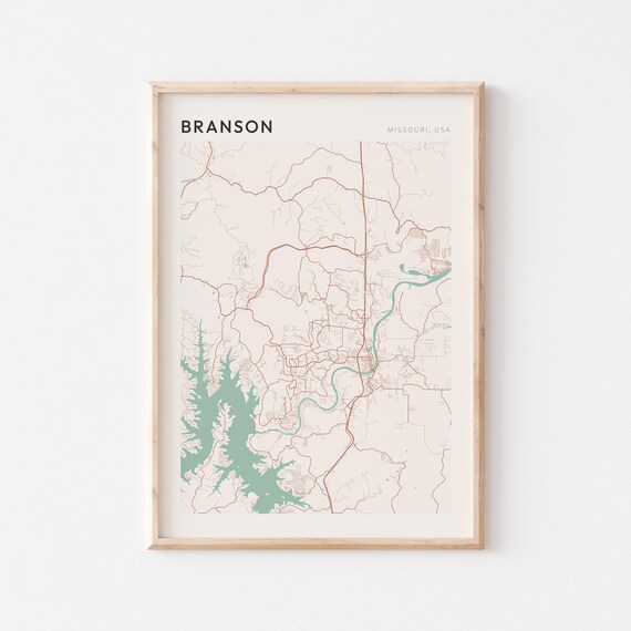 Branson Missouri Street Map Poster in Warm Brown Sage and Cream Tones
