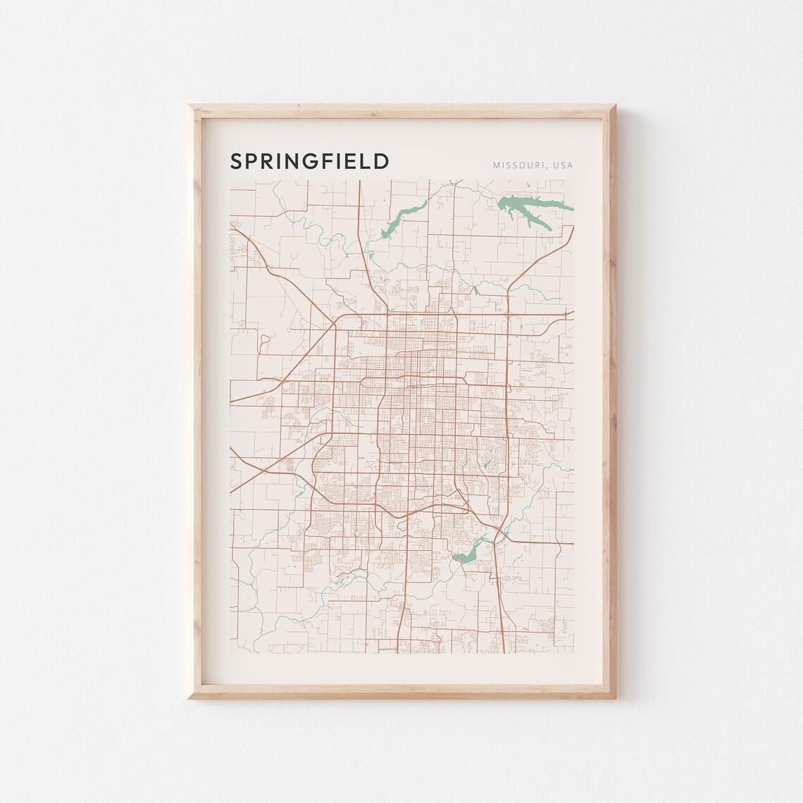 Springfield Missouri Street Map Poster in Warm Brown Sage and Cream Tones
