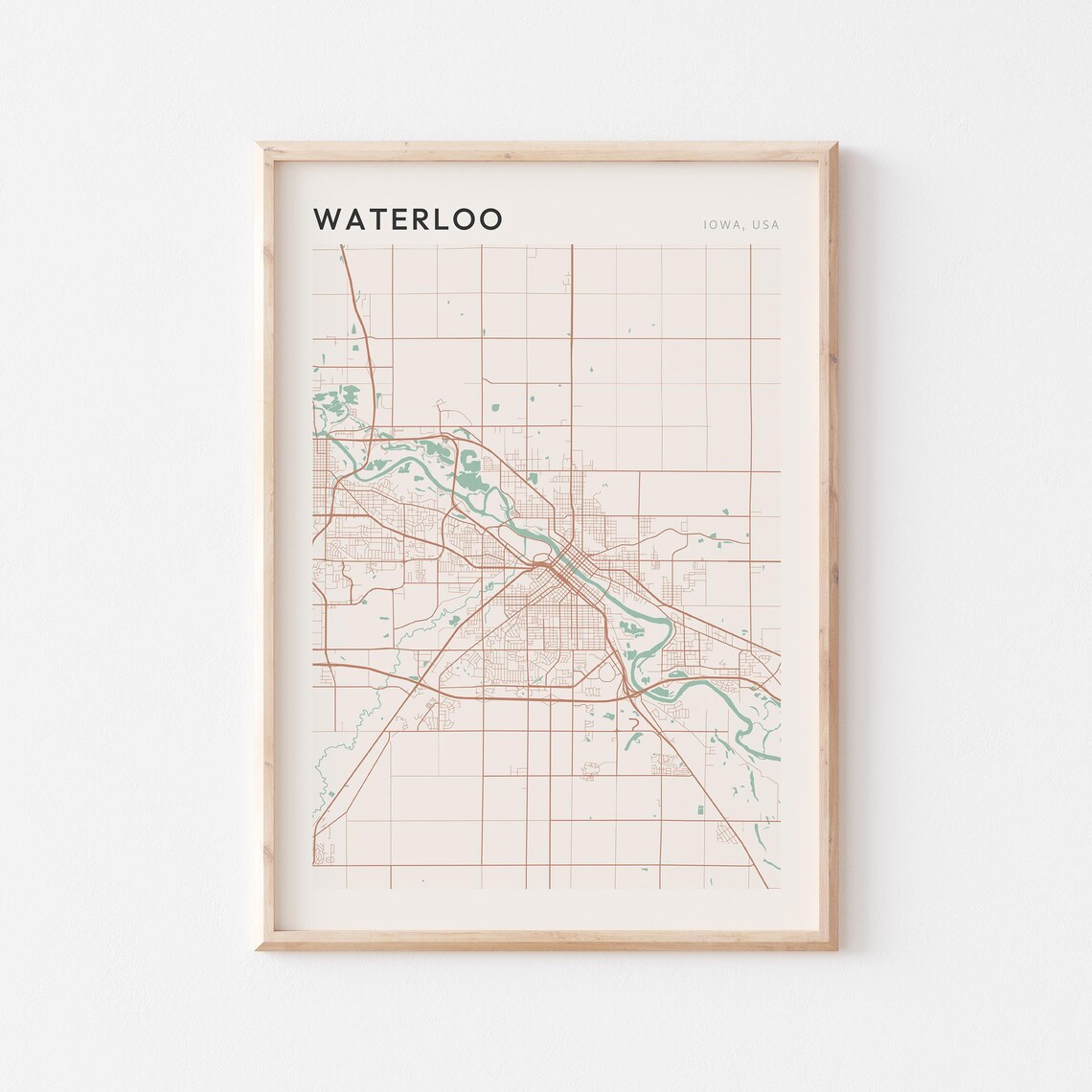 Waterloo Iowa City Map Poster Minimalist Line Art Modern Wall Decor Gift