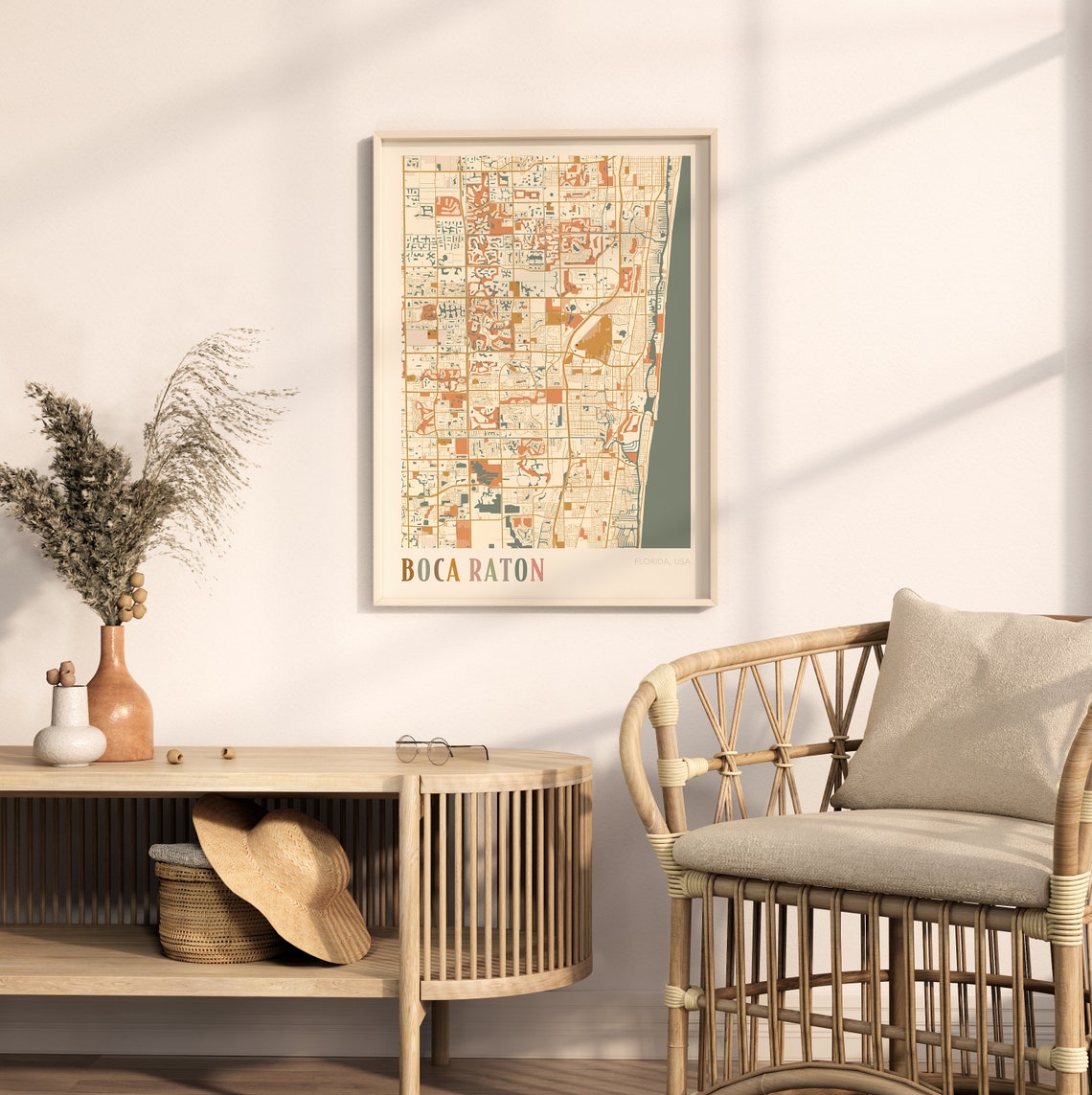 Boca Raton Florida Colorful Retro Warm Tone Coastal City Map Poster - Image 2