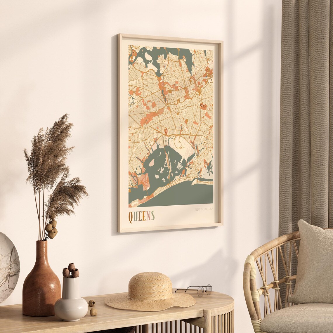 Queens New York USA Warm Vintage Beige City Street Map Art Poster - Image 3